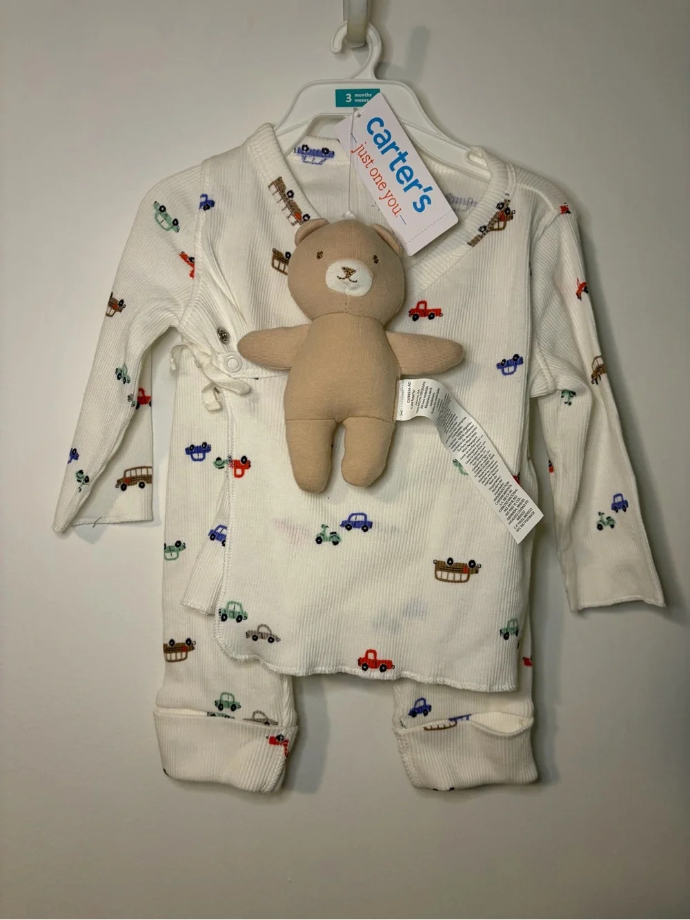 Carter's Cream White Pajama Set with Multi-Color Vehicle Print and Plush Bear